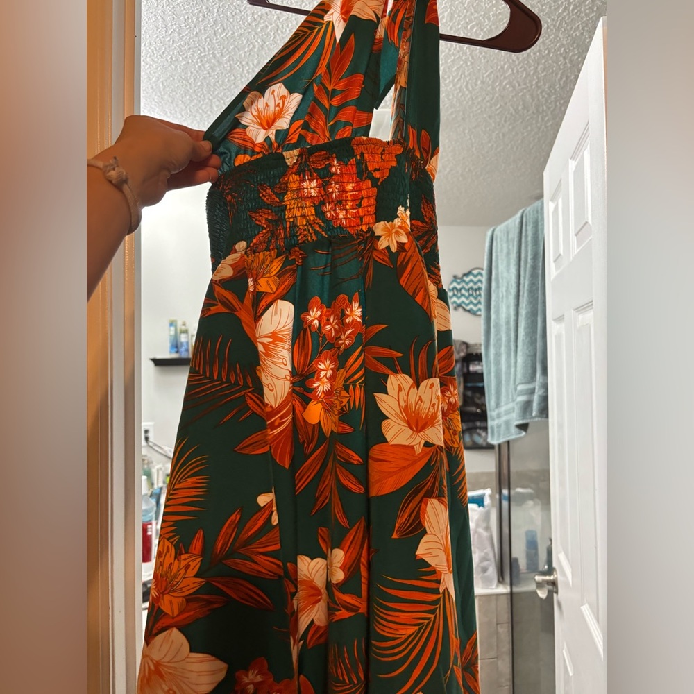 SHEIN Orange and Green Halter Sundress Resort Wear